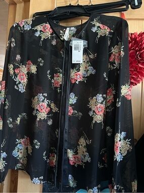 Bellatrix Black Floral Sheer Blouse with Pink and Blue Flowers
